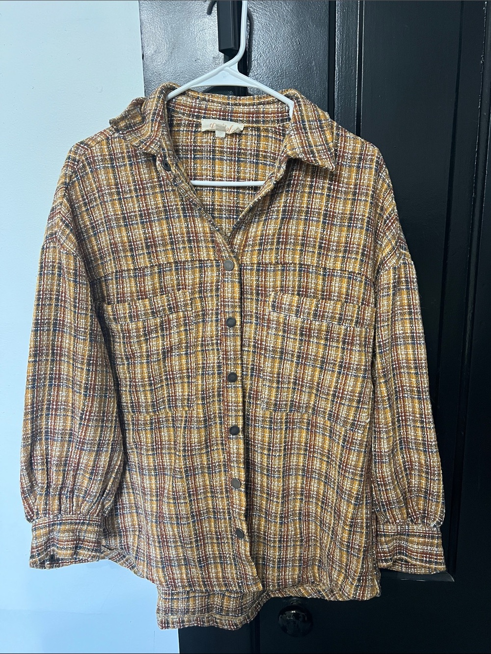 Listicle Plaid Button-Front Shacket in Mustard and Brown